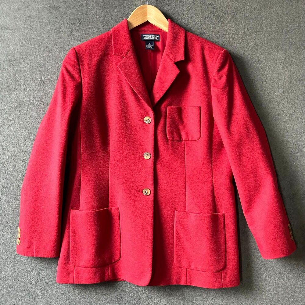 Lands' End Red Blazer Jacket Women's Size 12 Petite Wool/Cashmere Lined 3-Button